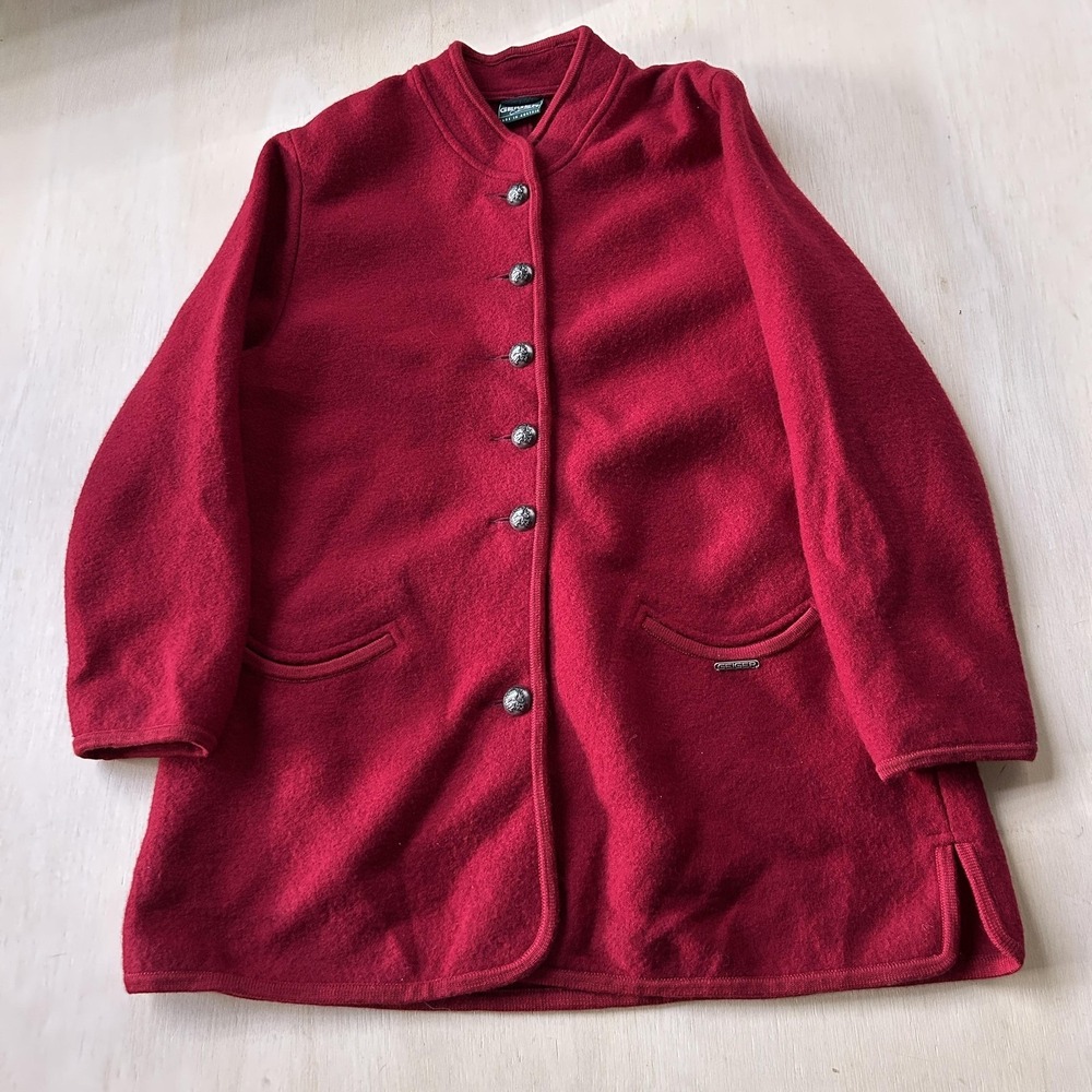 Geiger Wool Knit Coat Womens 38 Red Collarless Button Front Pockets Mid Length
